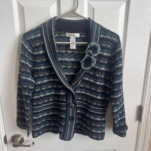 Nine West Wool Blend Cardigan Sweater Knit Button Front Floral‎ Applique Size M